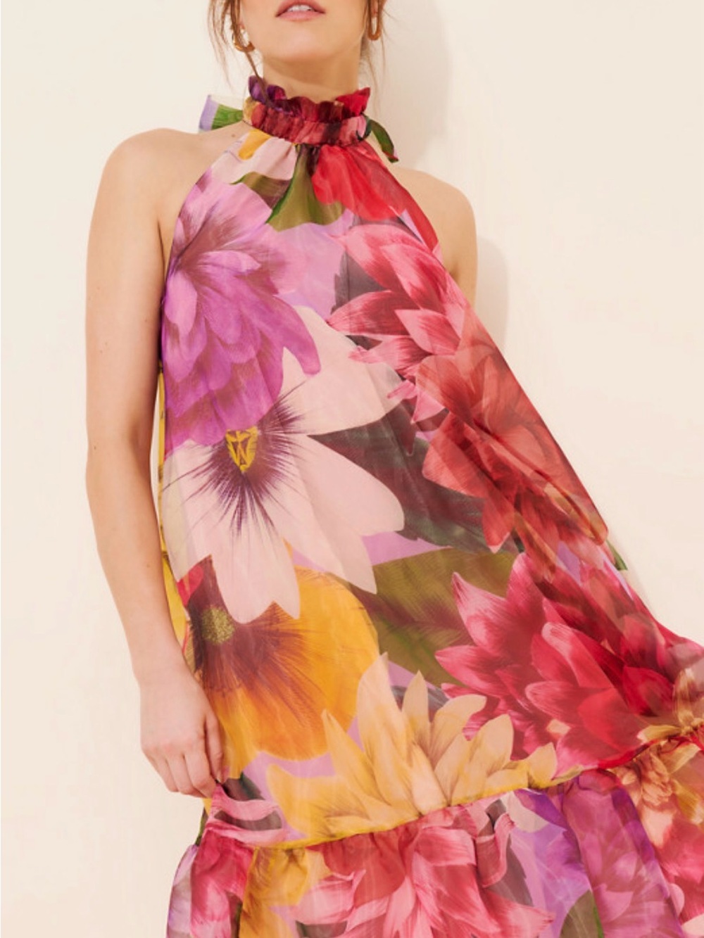 Anthropologie Floral Halter Maxi Dress in Pink, Purple, Red, Yellow, Green